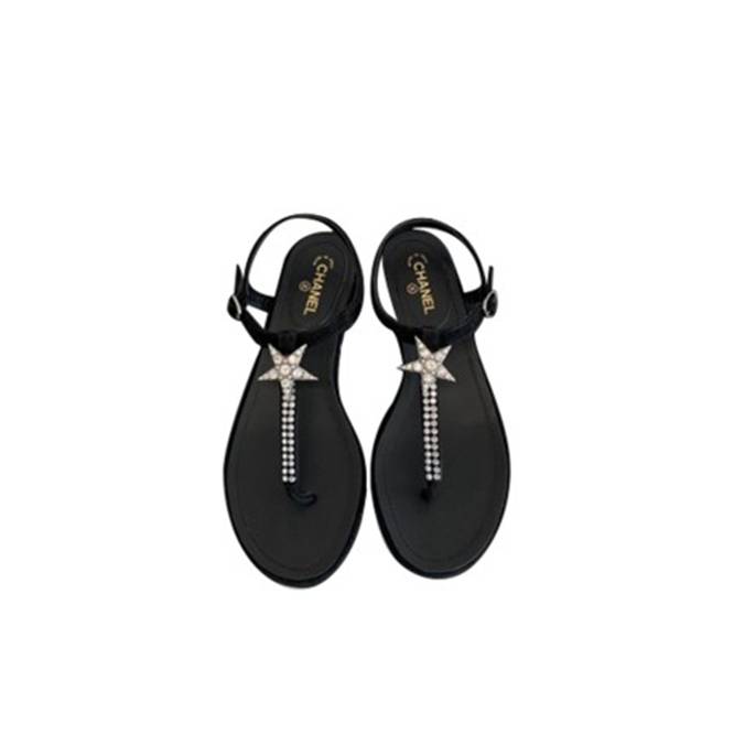 Ch*el sandals for women double cc pearl rhinestone hardware black beach shoes